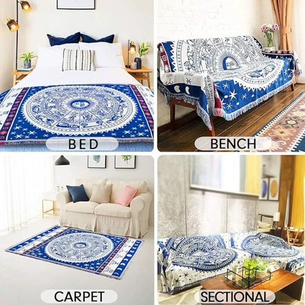Zodiac Throw Blanket Woven Reversible Cotton Tapestry Celestial Blue